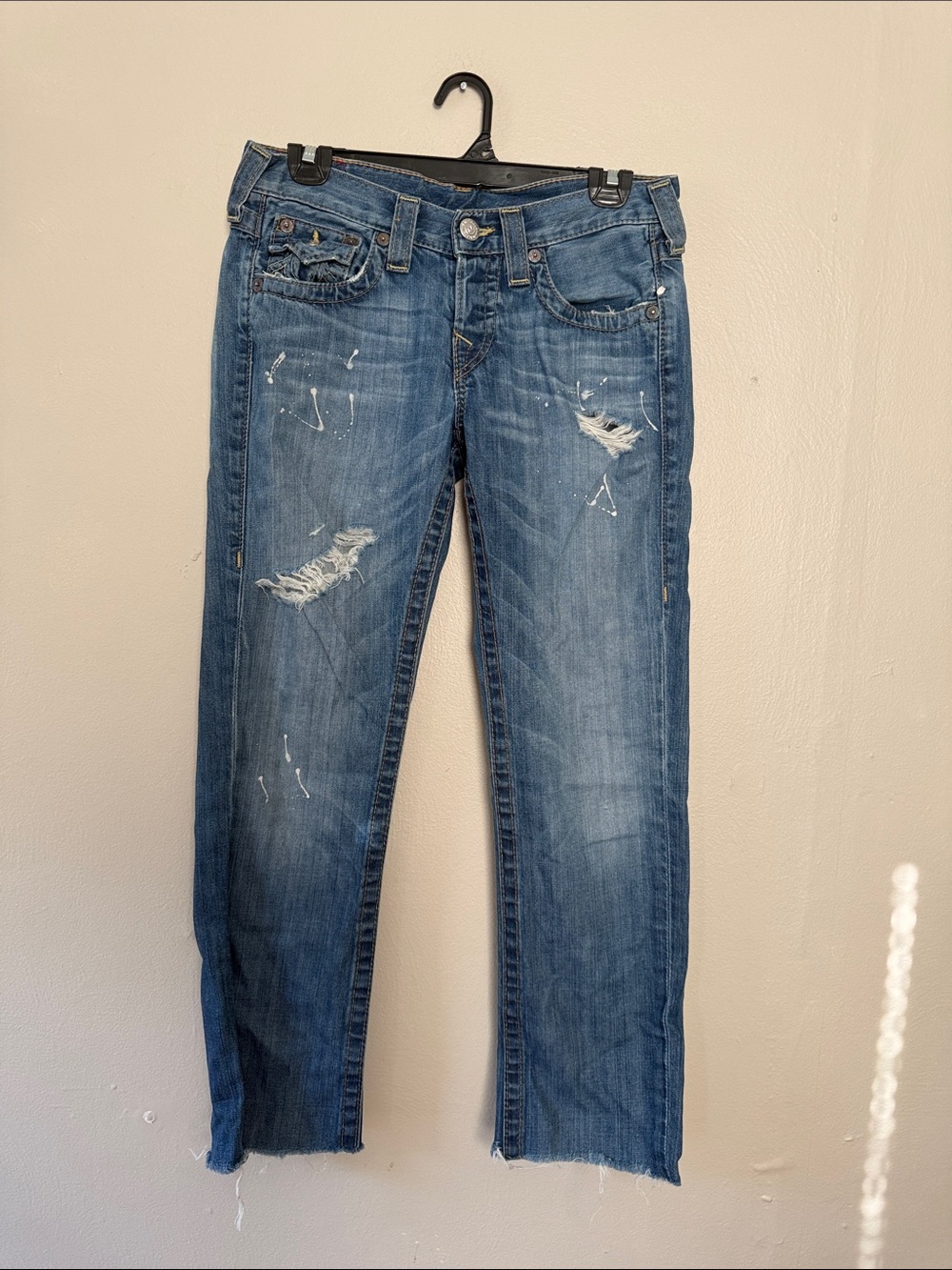 True Religion Medium Blue Distressed Straight-Leg Jeans